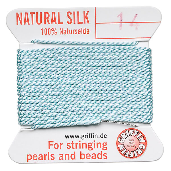 Thread, Griffin, silk, turquoise blue, size #14. Sold per 2-meter card (approximately 78 inches). image number 0