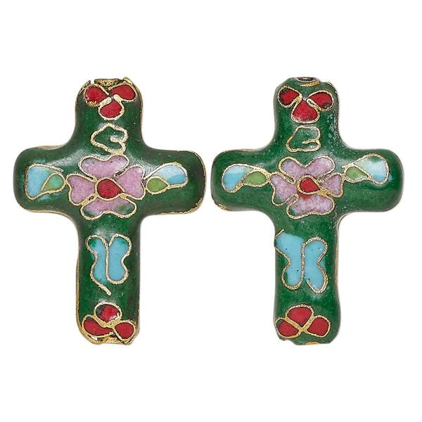 Bead, cloisonné, enamel and gold-finished copper, multicolored, 28x20mm-29x21mm flat cross with flower and leaves design. Sold per pkg of 2. image number 0