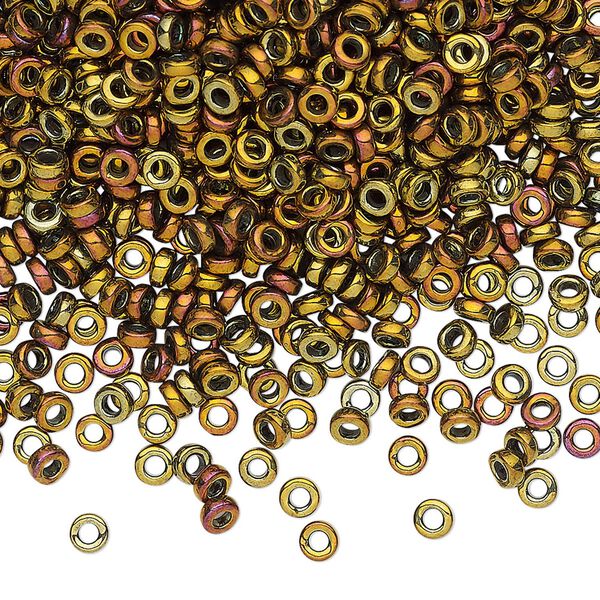 Seed bead, Miyuki, glass, pkg/10g, 3x1.3mm spacer rondelle, opaque iris gold, (SPR3-462). image number 0