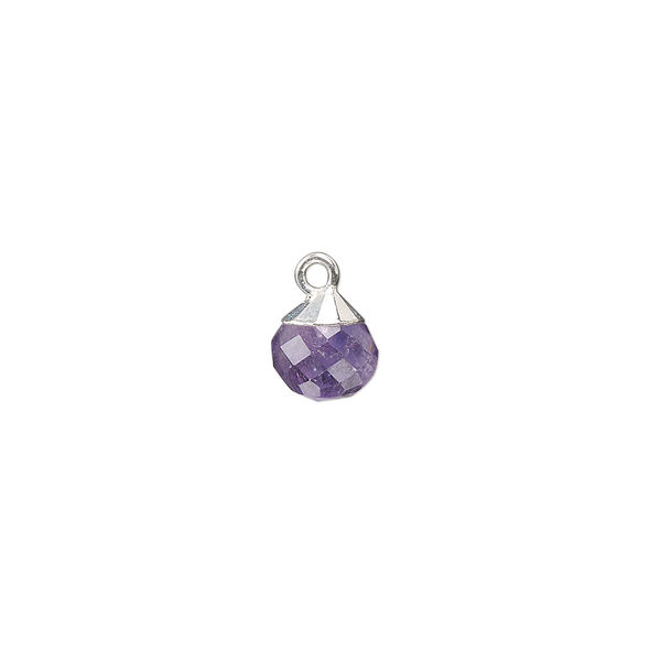 Drop, amethyst (natural) / sterling silver / silver-plated copper, 7mm hand-cut faceted round. Sold individually. image number 0
