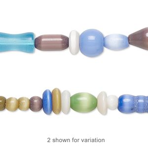Bead, lampworked and cat's eye glass (fiber optic glass), multicolored, 3mm-26x6mm multi-shape. Sold per 15-inch strand.