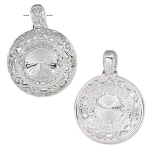 Pendant, Almost Instant Jewelry®, crystals and silver-plated "pewter" (zinc-based alloy), crystal clear, 32mm round with swirl cutout design and 14mm rivoli setting. Sold individually.