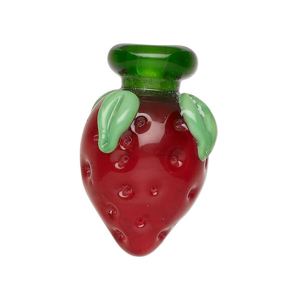 Bead, lampworked glass, opaque red and green, 31x20mm half-drilled raspberry. Sold individually. image number 0