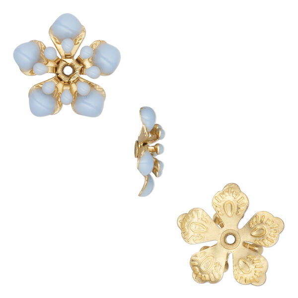Component, epoxy and gold-finished copper, light blue, 14x13mm center-drilled single-sided flower. Sold per pkg of 2. image number 0