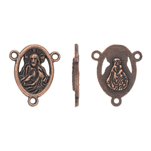 Connector, antique copper-plated "pewter" (zinc-based alloy), 16x12mm two-sided oval rosary with Sacred Heart of Jesus and Madonna with Christ Child. Sold per pkg of 10. image number 0