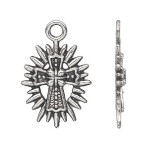 Drop, antique silver-plated "pewter" (zinc-based alloy), 26x21mm single-sided cross with sun. Sold per pkg of 10.