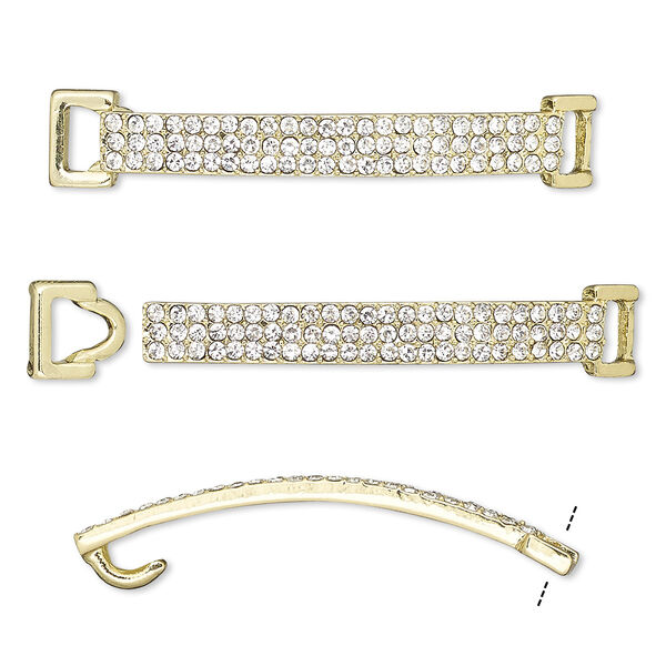 Clasp, hook-and-eye, glass rhinestone and gold-finished "pewter" (zinc-based alloy), clear, 48x8mm single-sided curved rectangle, 5x2.5mm inside diameter. Sold per 2-piece set. image number 0