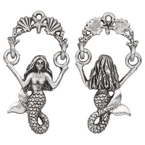 Focal, antiqued pewter (tin-based alloy), 35x20mm mermaid. Sold individually.