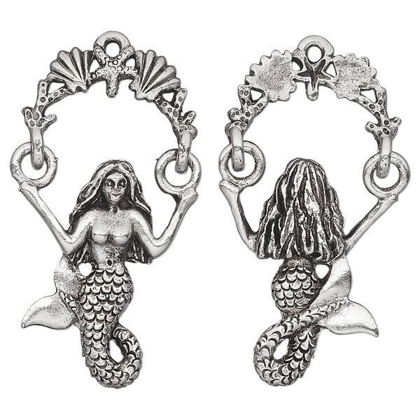Focal, antiqued pewter (tin-based alloy), 35x20mm mermaid. Sold individually. image number 0