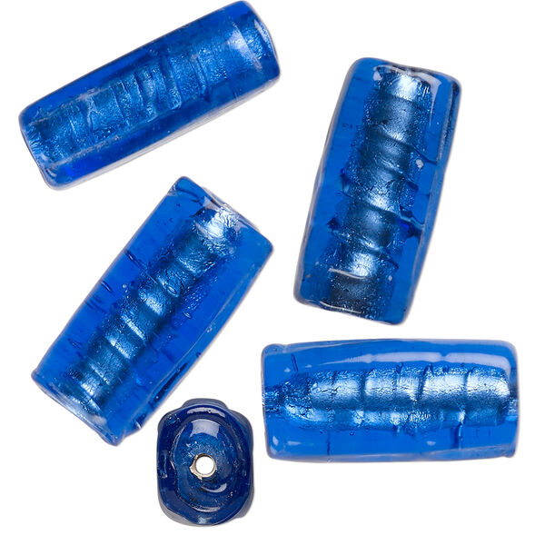 Bead, lampworked glass, opaque cobalt blue, 24x12mm-23x11mm flat tube with silver-colored foil. Sold per pkg of 4. image number 0