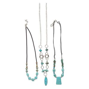 Magnesite / steel / ccb plastic 1pkg3, silver-finished necklace mix / 18-22 inch / 2 inch extender chain / springring clasp / 33x10mm-37x11mm