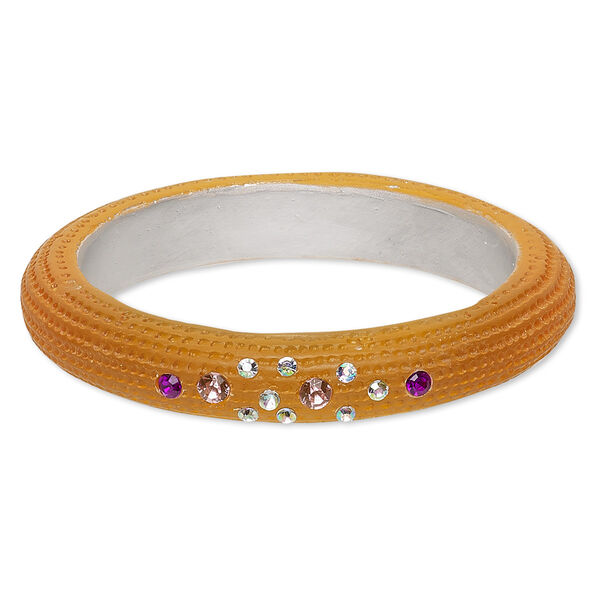 Bracelet, bangle, resin and acrylic, orange / silver / multicolored, 13mm wide with textured design, 8 inches. Sold individually. image number 0