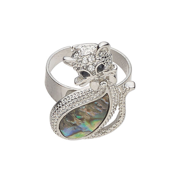 Ring 1pkg1 brass / paua shell / glass rhinestone, 32x21mm cat, natural silver finish / black / clear image number 0