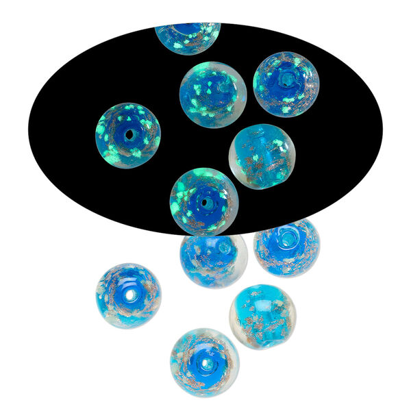 Bead, lampworked glass, clear / blue / glow-in-the-dark / gold, 12mm round. Sold per pkg of 6. image number 0