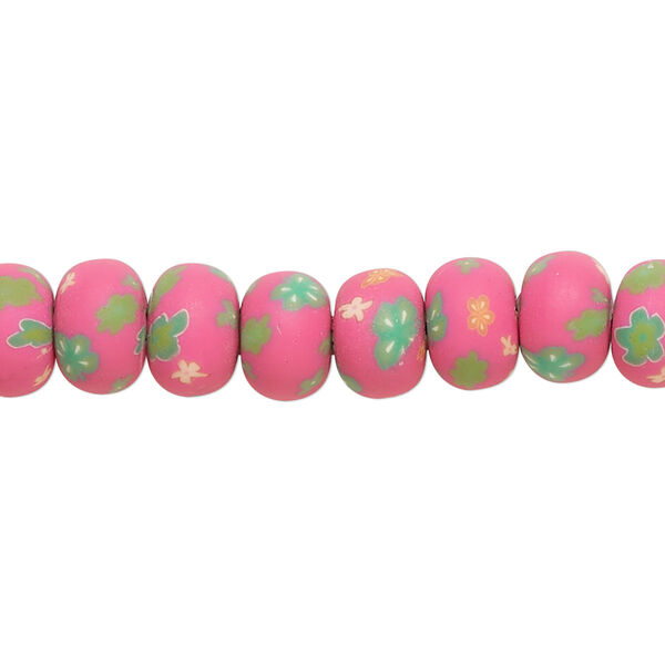 Bead, polymer clay, opaque pink / green / yellow, 8x6mm rondelle with flower design. Sold per 15-1/2" to 16" strand. image number 0
