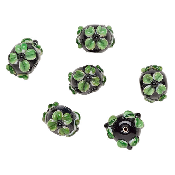 Bead, lampworked glass 1pkg6, opaque black / white / green, 18x13mm rondelle with flowers. image number 0
