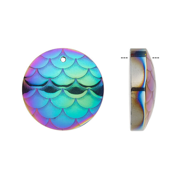 Drop, electroplated Hemalyke™ (man-made), rainbow, 20mm single-sided half-domed round with scale design. Sold individually. image number 0
