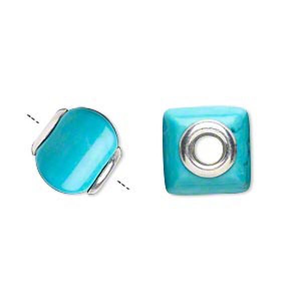 Bead, Dione®, "turquoise" (resin) (imitation) and sterling silver grommets, 11x10mm-13x11mm square rondelle with 4mm hole. Sold individually. image number 0