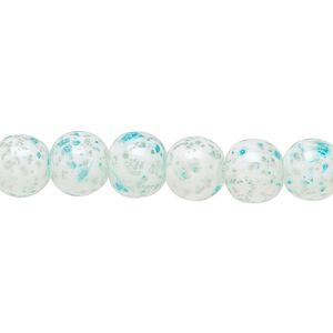 Bead, glass, opaque aqua blue and white, 7-8mm round with random spotted pattern. Sold per 15-1/2" to 16" strand.