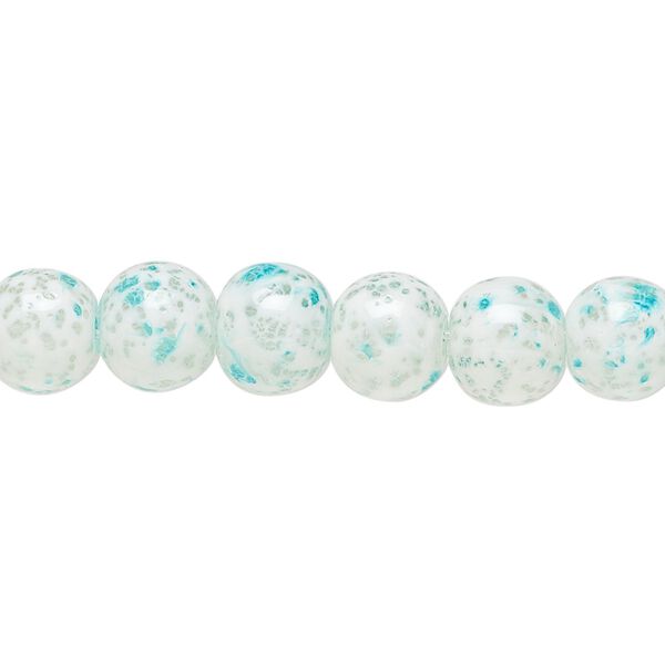 Bead, glass, opaque aqua blue and white, 7-8mm round with random spotted pattern. Sold per 15-1/2" to 16" strand. image number 0