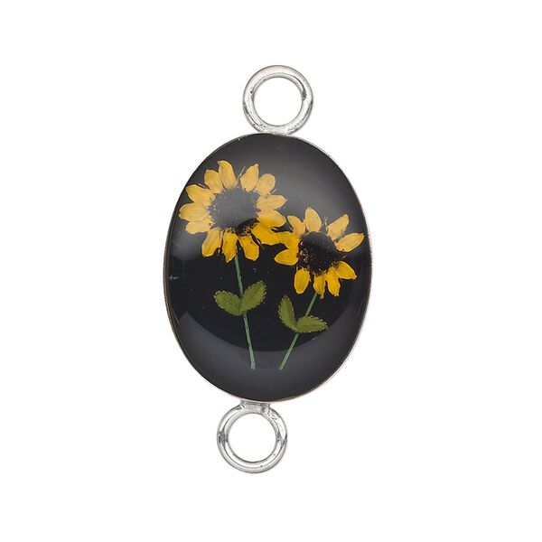 Link, sterling silver and acrylic resin with sunflower, black with yellow flower, 22x16mm oval. Sold individually. image number 0