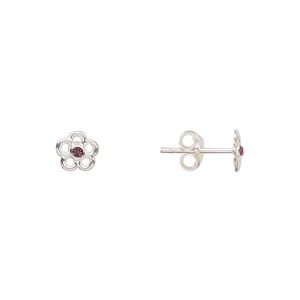 Earstud, Create Compliments®, sterling silver and crystal, amethyst, 6mm flower. Sold per pair.