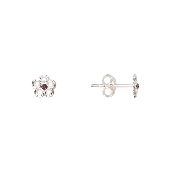 Earstud, Create Compliments®, sterling silver and crystal, amethyst, 6mm flower. Sold per pair. image number 0