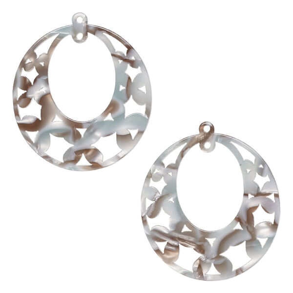 Focal, resin, grey and brown, 40x38mm oval go-go with flowers and loop. Sold per pkg of 2. image number 0