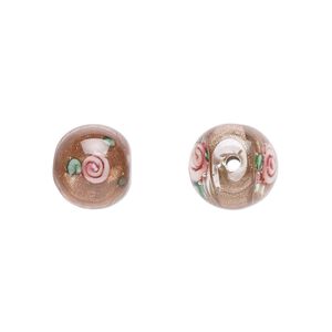 Bead, Czech lampworked glass, opaque brown / pink / green, 10-11mm round with flower design. Sold per pkg of 4.