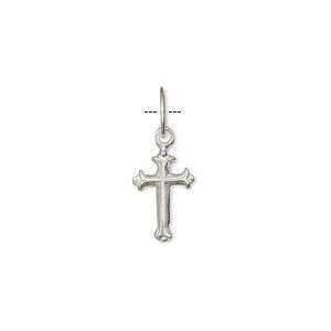Drop, sterling silver, 12x8mm engraved cross. Sold per pkg of 6.