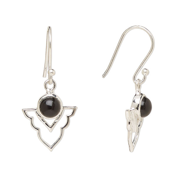 Ear wire, Create Compliments®, antiqued sterling silver and black onyx (dyed), fishhook, 29mm with 15.5x14mm single-sided open arrowhead, 21 gauge. Sold per pair. image number 0
