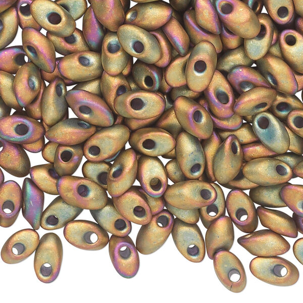 Seed bead, Miyuki, glass, pkg/50g, 7x4mm long magatama, opaque matte metallic rainbow rose green (LMA-2035). image number 0