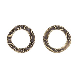 Component, TierraCast®, "Vida Mas Dulce" collection, antique brass-plated pewter (tin-based alloy), 16mm open round with flora design and 10mm hole. Sold per pkg of 4.