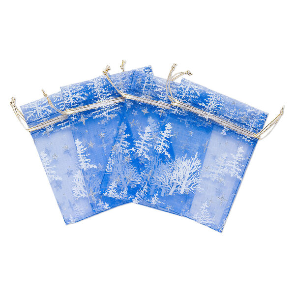 Pouch, organza, multicolored with glitter, 4-3/4 x 3-1/2 inches with Christmas tree pattern and drawstring closure. Sold per pkg of 4. image number 0