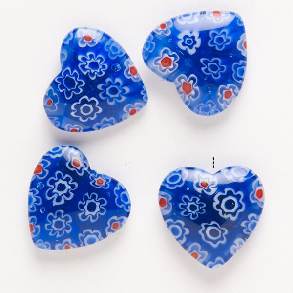 Bead, millefiori glass, pkg/4, translucent cobalt blue/red/white, 18-20mm half-drilled puffed heart. image number 0