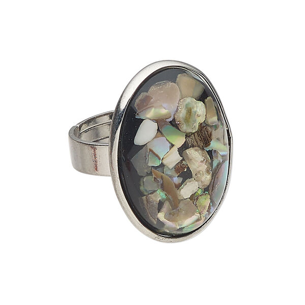 Ring 1pkg1 brass / multi-shell, 26x19mm oval, bleached/assembled silver finish / multicolored image number 0