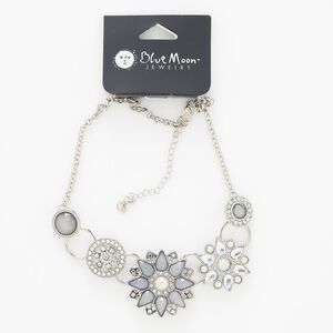 Necklace, glass / steel / silver-finished "pewter" (zinc-based alloy), multicolored with glitter, 18 inches with 3-inch extender chain and lobster claw clasp. Sold individually.