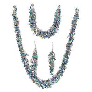 Necklace, bracelet and earring set, acrylic and silver-plated brass, multicolored, 16-1/2 inches with lobster claw clasp, 7-inch bracelet, 4-1/4 inch earrings with fishhook ear wire. Sold per set.