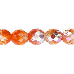 Bead, Czech fire-polished glass, two-tone, crystal/orange AB, 10mm faceted round. Sold per 15-1/2" to 16" strand.
