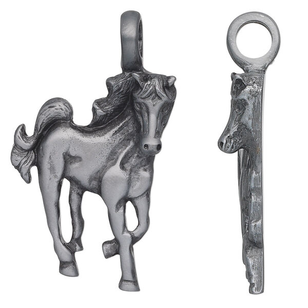 Pendant, Almost Jewelry™, antiqued "pewter" (zinc-based alloy), 43x26mm single-sided horse. Sold individually. image number 0