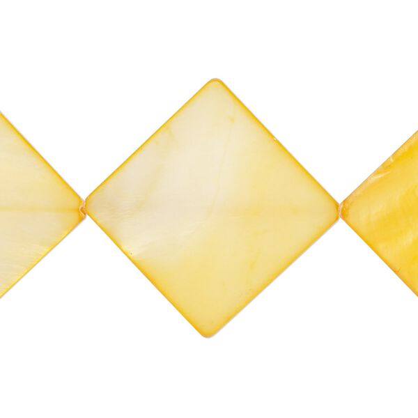 Bead, mother-of-pearl shell (dyed), yellow, 20-21mm flat diamond with 0.6-1mm hole, Mohs hardness 3-1/2. Sold per 15-inch strand. image number 0