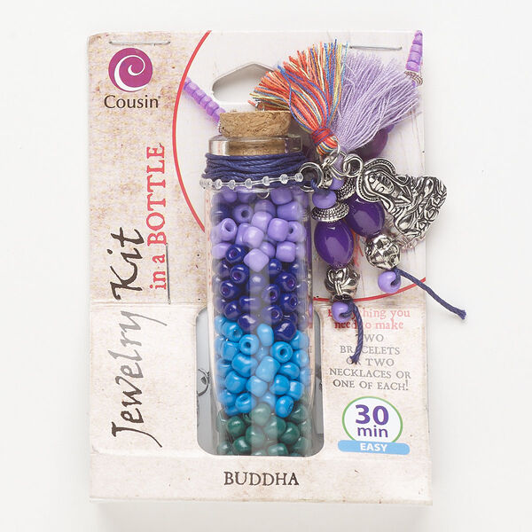 Necklace or bracelet kit, glass / steel / antique silver-finished "pewter" (zinc-based alloy) / cork / cotton, mixed colors, Buddha theme. Sold per set. image number 0
