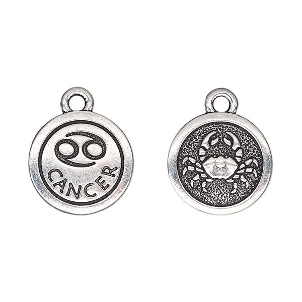 Charm, TierraCast®, antique silver-plated pewter (tin-based alloy), 15mm two-sided flat round with Cancer zodiac sign and symbol. Sold per pkg of 2. image number 0