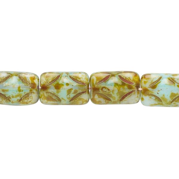 Bead, Czech pressed glass, opaque khaki and light blue, 13x8mm puffed rectangle. Sold per 14-inch strand, approximately 28 beads. image number 0