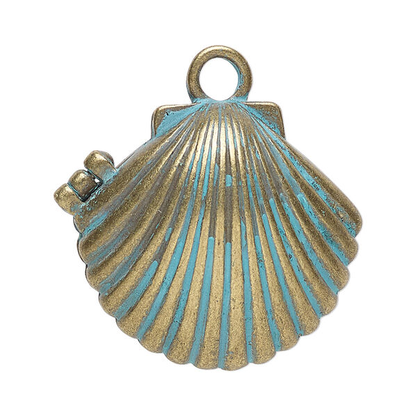 Focal, antique brass-finished "pewter" (zinc-based alloy), green patina, 30x28mm 3D hinged shell with magnetic closure. Sold individually. image number 0