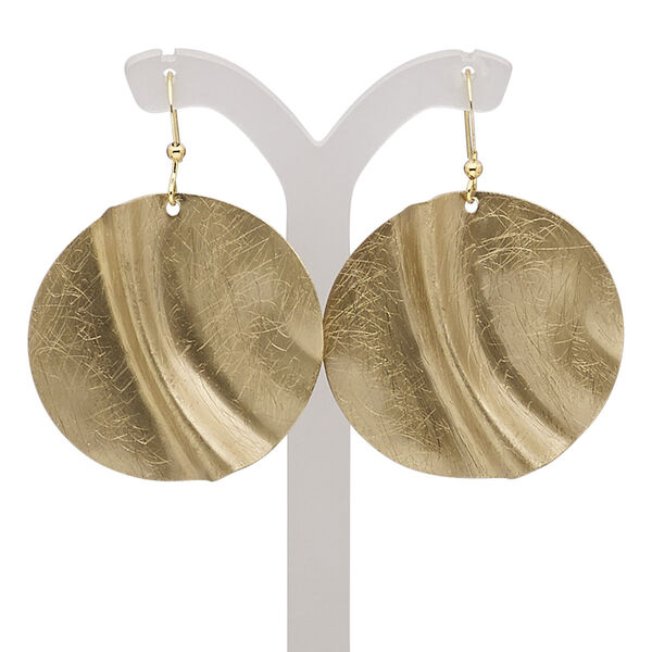 Earring, gold-finished brass and steel, 2 inches with scratched wavy round and fishhook ear wire. Sold per pair. image number 0