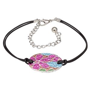 Bracelet, mylar / waxed cotton cord / imitation rhodium-plated steel / "pewter" (zinc-based alloy), black and multicolored, 27x20mm oval with flower design, 8 inches with 3-inch extender chain and lobster claw clasp. Sold individually.
