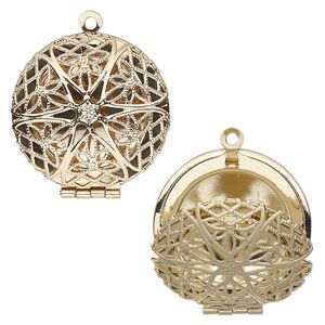 Drop, gold-finished brass, 28mm single-sided hinged round bead cage with cutout flower. Sold individually.