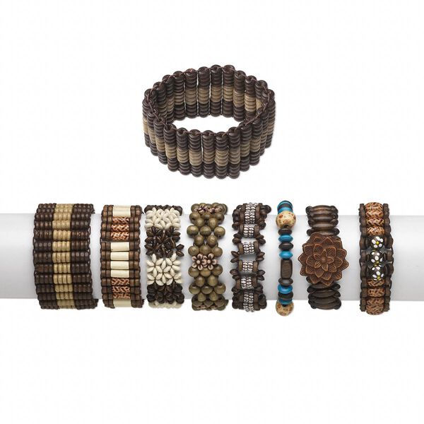 Bracelet mix, stretch, wood (dyed / coated) and acrylic, multicolored, mixed size and shape, 6-1/2 inches. Sold per pkg of 24. image number 0