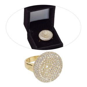 Ring, Czech glass rhinestone and gold-finished brass, clear, 23mm concave round, size 8. Sold individually.